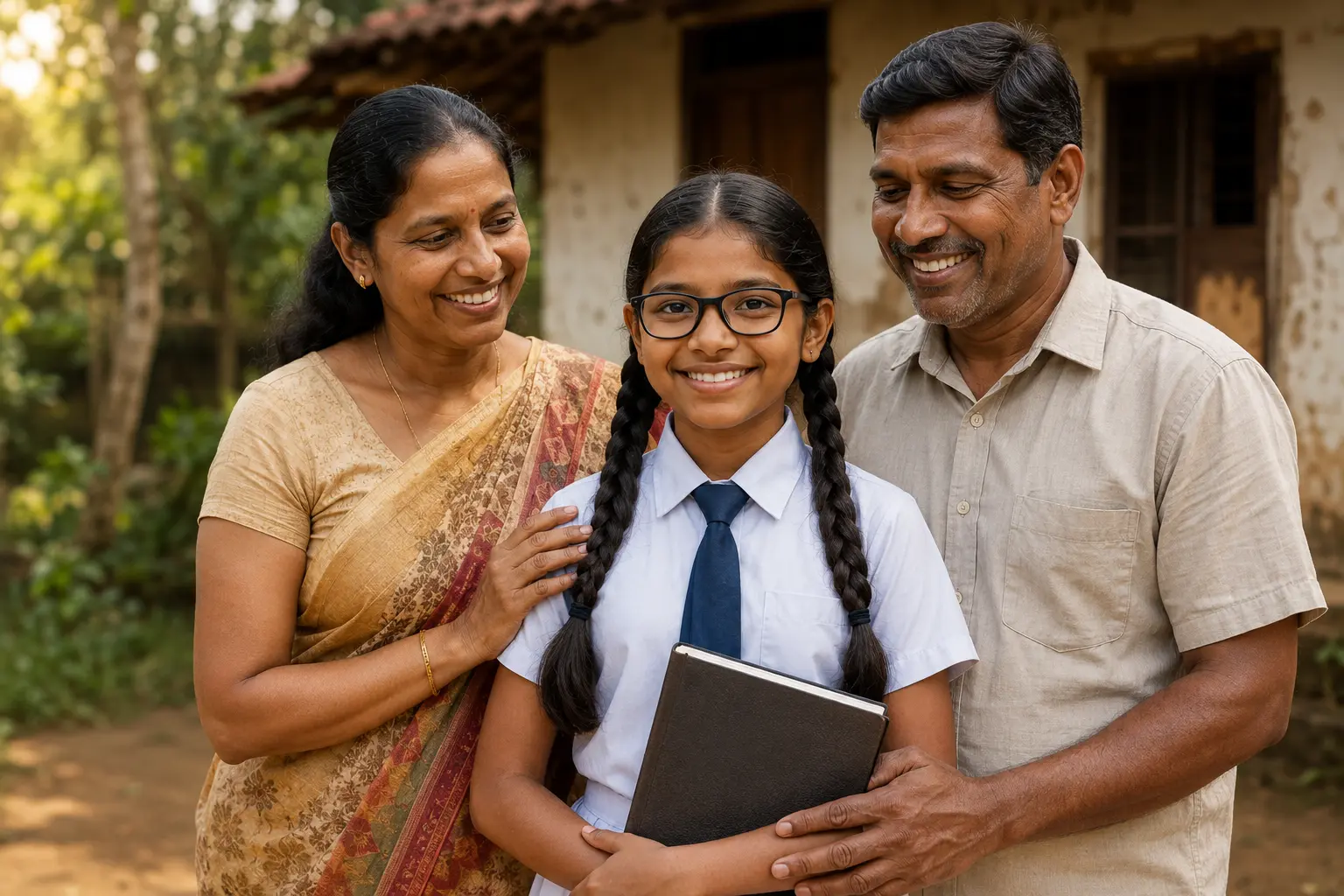Sri Lankan schoolgirl with glasses and her parents
