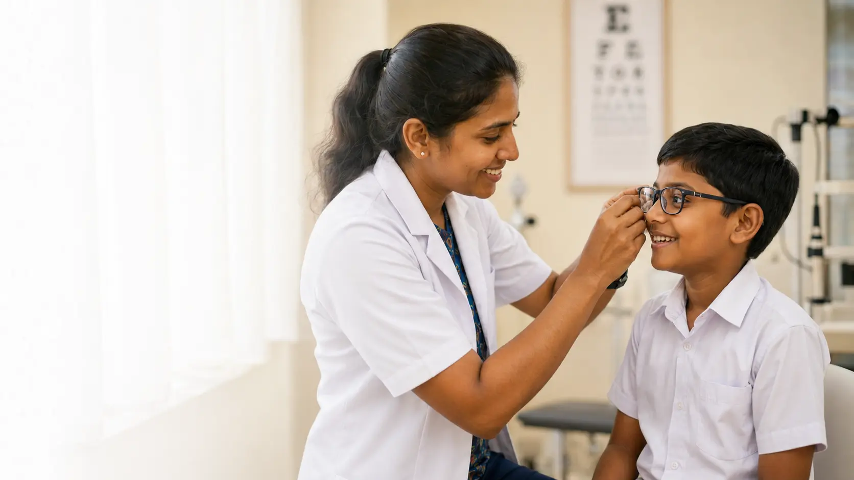 Eye-care professional helping a Sri Lankan schoolboy with his glasses